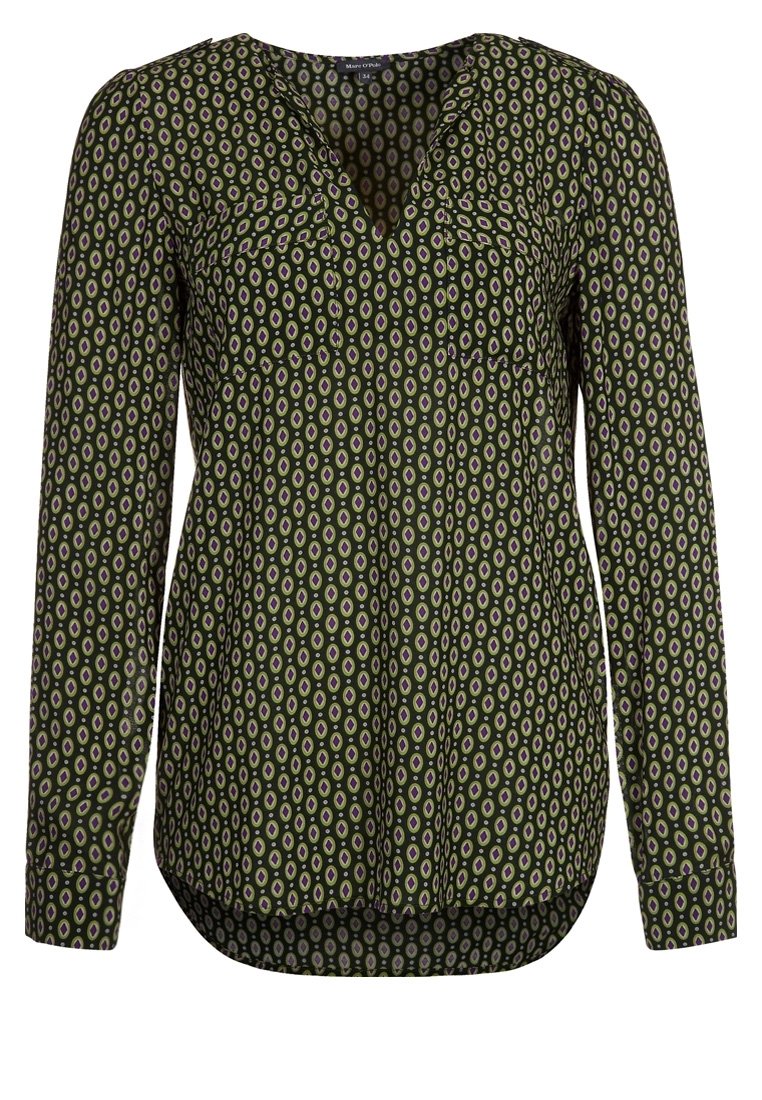Blusa a maniche lunghe di colore verde oliva con motivo ovale viola e bianco, scollatura a V e orlo leggermente arrotondato.