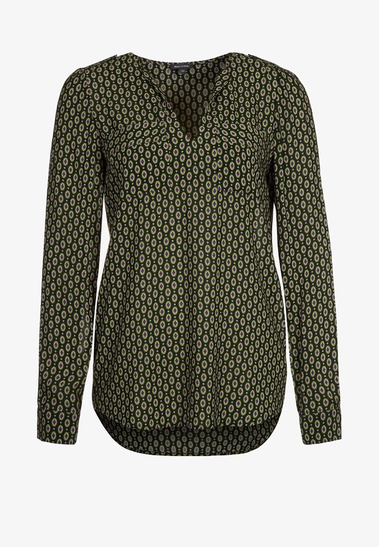 Blusa a maniche lunghe di colore verde oliva con motivo ovale viola e bianco, scollatura a V e orlo leggermente arrotondato.