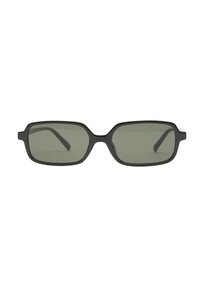 Black rectangular sunglasses with dark green lenses, featuring a flat design, minimalistic sides, and lightweight frame for comfort.