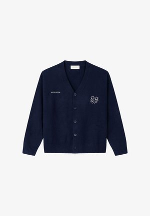 Tumesinist nööpidega kardigan koos soonikkäppade ja äärega, vasakul rinnal valge tekst "ANOTHER COTTON" ning paremal rinnal kaks tikitud valget roosi.