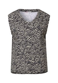 Blusa senza maniche in blu navy e crema con un motivo a onde. Presenta un collo a V e una vestibilità comoda, realizzata in un tessuto morbido.