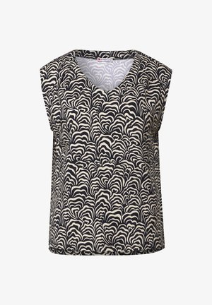 Sleeveless blouse in navy and cream with a wave pattern. Features a V-neck and relaxed fit, made from soft fabric.