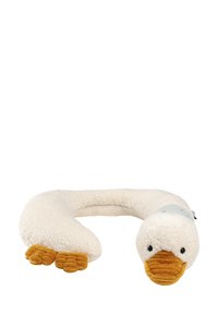 Plush neck pillow shaped like a duck; cream body, orange bill and feet. Soft texture, with a blue accent on the neck.