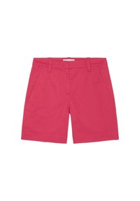 Pantalones cortos de algodón rosa con un corte recto, que cuentan con dos bolsillos frontales y pasadores para cinturón. Textura suave, sin patrones visibles ni detalles de hardware.