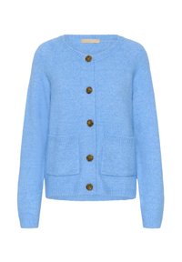 Lyseblå cardigan lavet af blødt strikstof, med rund halsudskæring, fem brune knapper og to frontlommer.