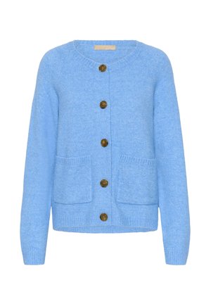 Cardigan bleu clair en tricot doux, doté d'un col rond, de cinq boutons marron et de deux poches avant.