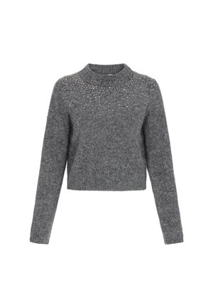 Pulover gri din tricot cu guler rotund, design scurt și umeri ornati cu mici cristale clare.