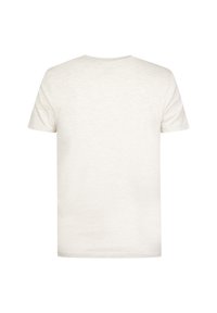 T-shirt corto a maniche corte color beige chiaro con colletto rotondo. Texture liscia, design semplice, senza motivi né loghi, vista posteriore mostrata.