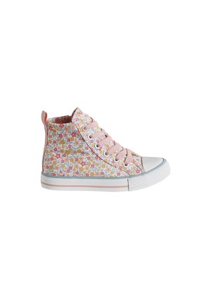 High-top sneaker with white rubber sole, pink laces, and fabric upper featuring a pattern of small pink, orange, and yellow flowers.