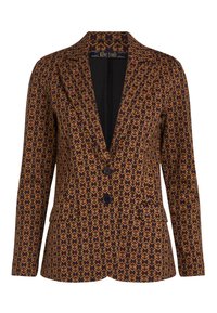 Mönstrad kavaj i brunt med en geometrisk design i gult och rött. Anmärkningsvärda detaljer inkluderar en sjalkrage, två knappar och framfickor.