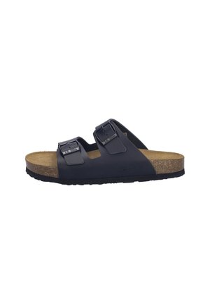 Sort åben sandal med to justerbare spænderem og en korkfodseng med sort gummisål.