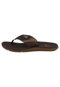 Brun flip-flop sandal med texturerade remmar och gummisula. Har en vadderad fotbädd och ett fiskbensmönster på undersidan.