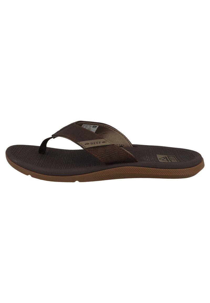 Brun flip-flop sandal med texturerade remmar och gummisula. Har en vadderad fotbädd och ett fiskbensmönster på undersidan.