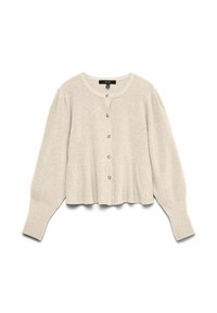 Cardigan tricoté couleur crème avec manches bouffantes longues et six boutons sur le devant, posé à plat sur un fond blanc.