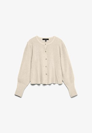 Cardigan tricoté couleur crème avec manches bouffantes longues et six boutons sur le devant, posé à plat sur un fond blanc.