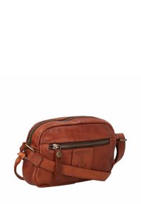 Brown leather crossbody bag with a zippered main compartment, front pocket, and logo patch. Features a detachable strap and textured finish.