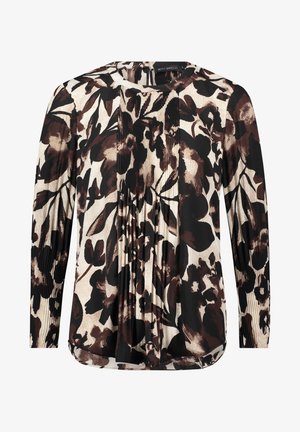Langärmlige Bluse in Creme, Braun und Schwarz mit floralem Muster. Verfügt über Falten und einen runden Halsausschnitt, gefertigt aus glattem Stoff.