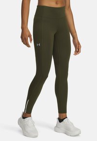 Olive green high-waisted leggings with a snug fit, featuring an Under Armour logo, side seam detailing, and white accent at the ankle.