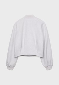 Sweat-shirt court gris clair avec ourlet, poignets et col côtelés, vu de dos sur un fond uni.