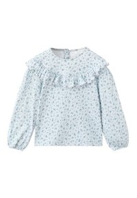 Light blue textured blouse with long puff sleeves and ruffled neckline, featuring a small floral pattern in darker shades of blue and green.