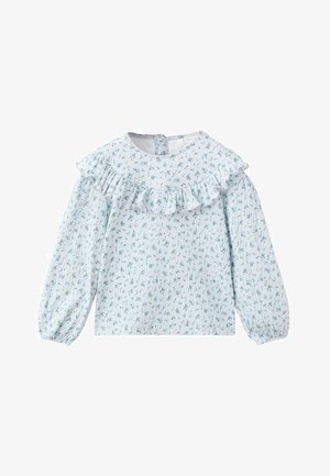 Light blue textured blouse with long puff sleeves and ruffled neckline, featuring a small floral pattern in darker shades of blue and green.