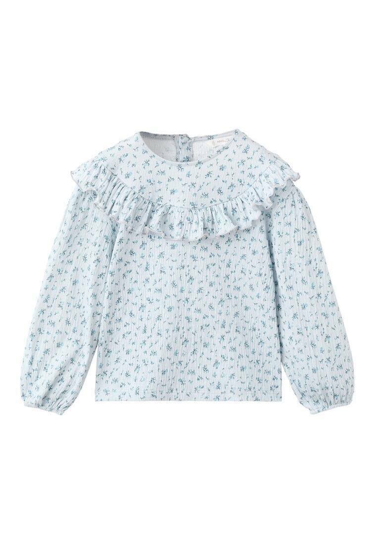 Light blue textured blouse with long puff sleeves and ruffled neckline, featuring a small floral pattern in darker shades of blue and green.