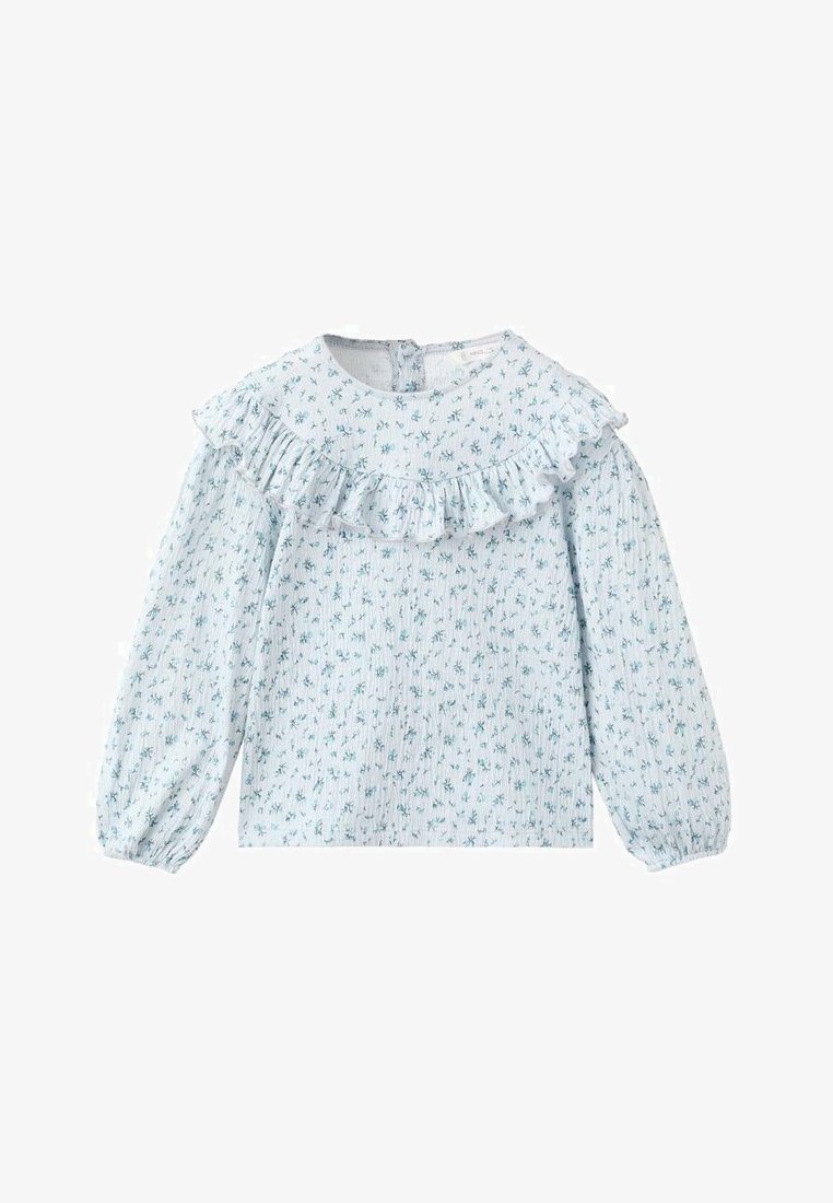 Light blue textured blouse with long puff sleeves and ruffled neckline, featuring a small floral pattern in darker shades of blue and green.