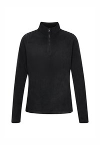 Zwarte fleece zip-up top met een hoge kraag en lange mouwen, een gladde textuur en een minimalistisch ontwerp zonder zichtbare patronen of accenten.