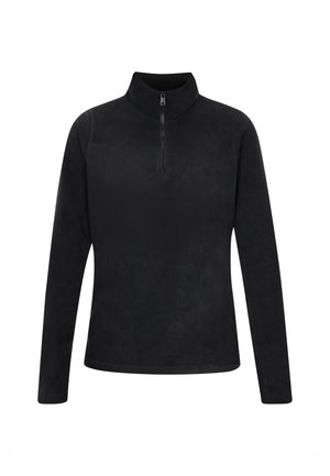 Zwarte fleece zip-up top met een hoge kraag en lange mouwen, een gladde textuur en een minimalistisch ontwerp zonder zichtbare patronen of accenten.