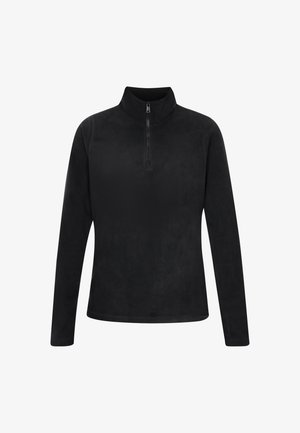 Hanorac negru cu fermoar, cu guler înalt și mâneci lungi, textură netedă și design minimal, fără modele sau accente vizibile.