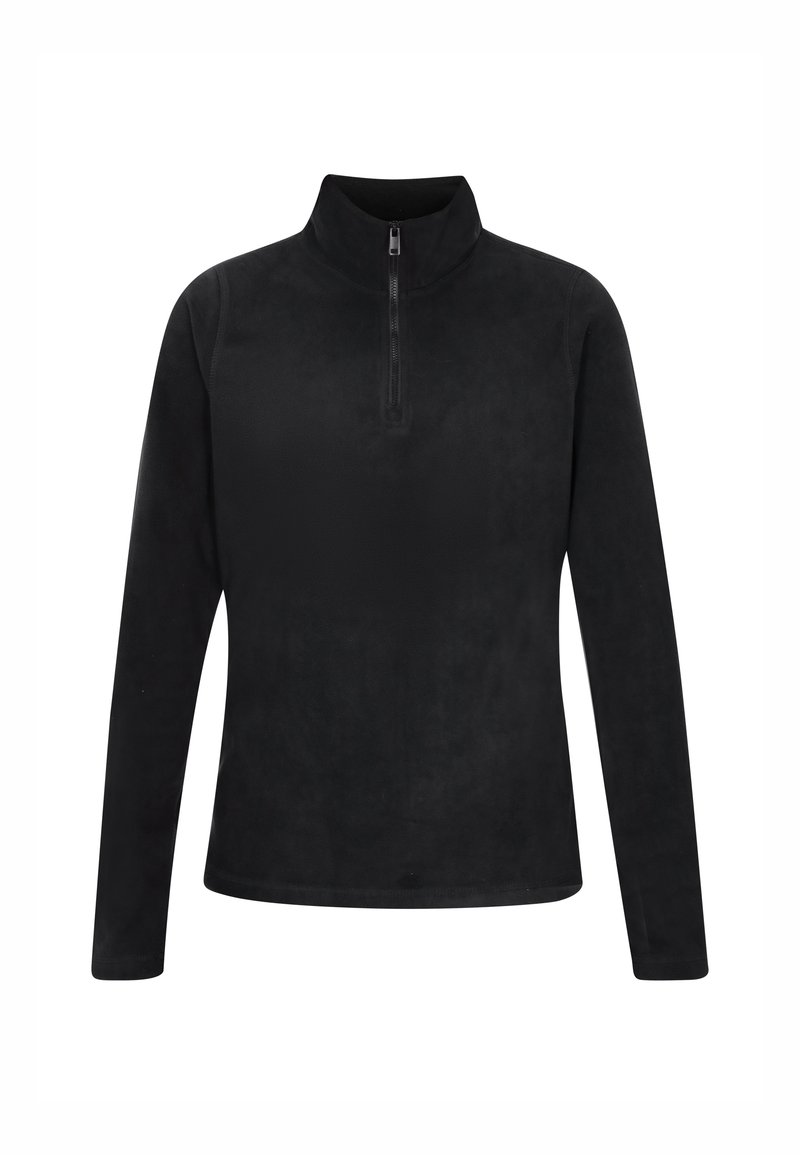 Zwarte fleece zip-up top met een hoge kraag en lange mouwen, een gladde textuur en een minimalistisch ontwerp zonder zichtbare patronen of accenten.