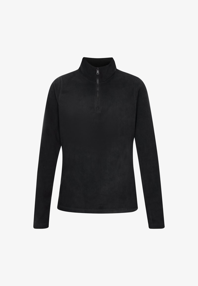 Felpa zip-up nera con colletto alto e maniche lunghe, texture liscia e design minimalista senza pattern o accenti visibili.