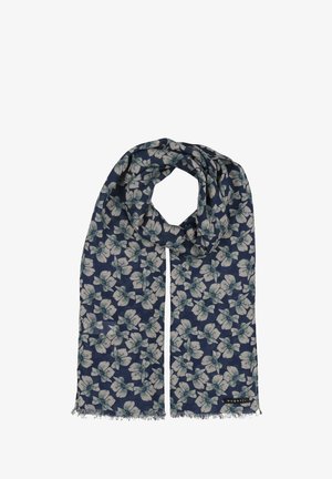 Tumed sinine sall heleda halli lillemustriga ja ära lagunenud servadega, volditud silmusesse, Bugatti brändi etikett nurgas.