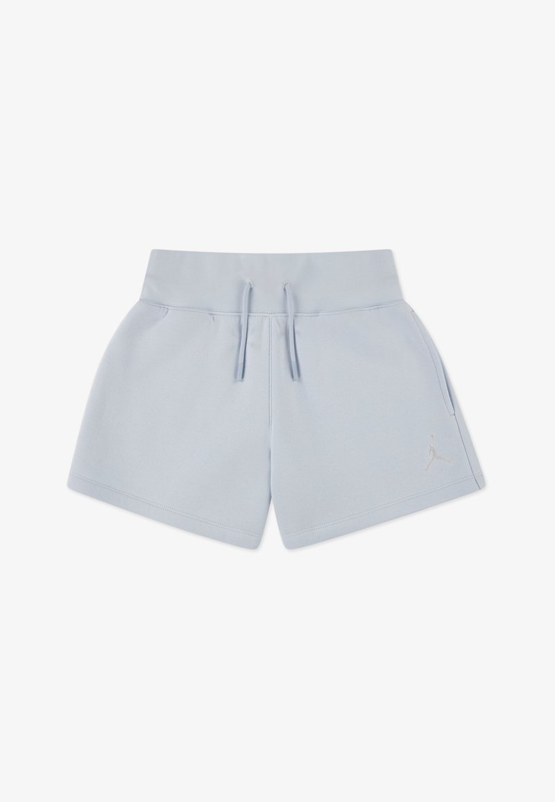 Shorts de sport bleu clair en tissu doux, dotés d'une ceinture élastique avec cordons de serrage et d'un petit logo brodé à l'avant.