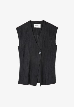 Schwarze ärmellose Weste mit gekräuseltem Material und einem einzelnen Knopfverschluss, mit subtilem V-Ausschnitt und gerundeten Schultern.
