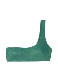 Top corto de punto verde con diseño de un solo hombro. Presenta una textura suave y un sutil brillo en la tela.