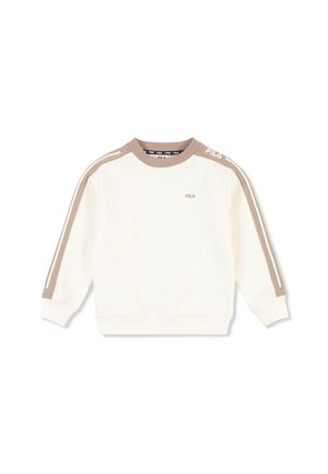 Felpa bianca a maniche lunghe con strisce beige sulle maniche, collo beige e piccolo logo beige Fila sul petto e sulla spalla.