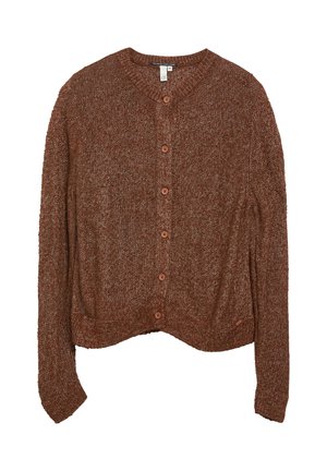 Brauner gestrickter Langarm-Cardigan mit Frontknöpfen und rundem Halsausschnitt, angezeigt vor weißem Hintergrund.