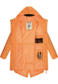 Orange waterproof jacket with a patterned light orange lining, featuring pockets, a drawstring hood, and branded details.