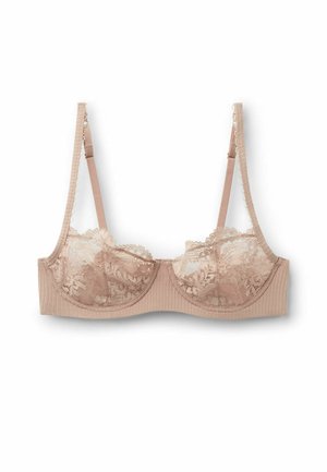 Nude bh met ribbelstructuur en kantafwerking, voorzien van zachte cups en verstelbare bandjes. Heeft een delicate bloemenkant overlay op de cups voor een extra detail.