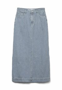 Denim krilo v modro-belem črtastem vzorcu, z dolžino do sredine, petimi žepi, sprednjim gumbom za zapiranje in ravnim krojem.