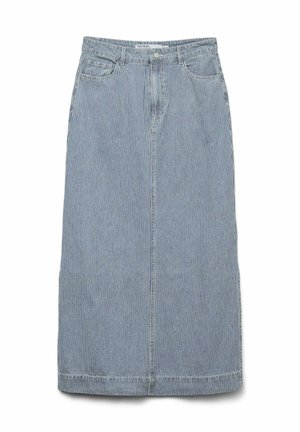 Denim suknja u plavoj i bijeloj prugastoj uzorku, srednje dužine, s pet džepova, prednjim kopčanjem na dugme i ravnim krojem.