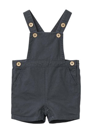 Mørkegrå korte overalls til småbørn med træknapper på stropper og sider, forlommer og tryklåse ved skridtet.