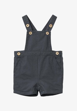 Tamnosive kratke hlače za malu djecu s drvenim gumbima na naramenicama i stranama, prednjim džepovima i kopčama na drukere u kuku.