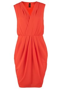 Orange sleeveless dress with a V-neck, draped design, and gathered waist. Made from smooth fabric with a flowing silhouette.