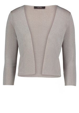Cardigan gris clair en maille, ouvert sur le devant, manches trois-quarts et longueur courte, étiqueté Vera Mont.