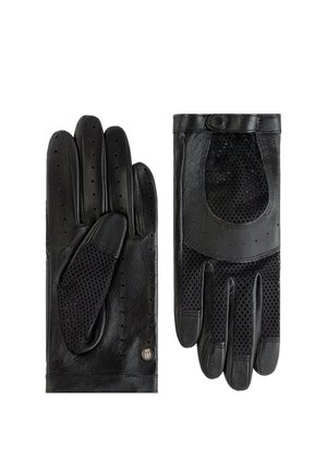 Pair of black leather gloves with perforated mesh panels, one showing palm side and the other showing back with snap button closure.