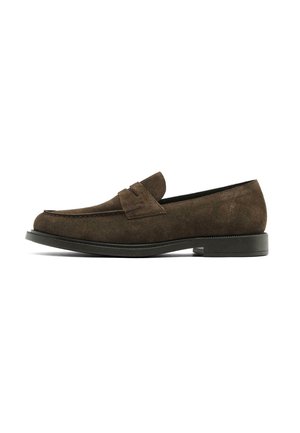 Brown suede loafer with a rounded toe and decorative stitching. Flat heel and smooth black rubber outsole. Simple design with no embellishments.