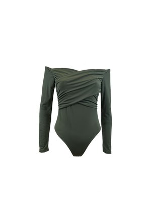 Maillot de bain à manches longues en vert foncé. Caractérisé par un design enroulé à l'avant et une texture lisse. Fabriqué en matériau extensible pour un confort optimal.