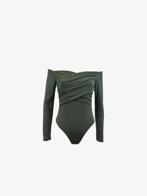 Badpak met lange mouwen in donkergroen. Heeft een gewikkeld ontwerp aan de voorkant en een soepele textuur. Gemaakt van rekbaar materiaal voor comfort.